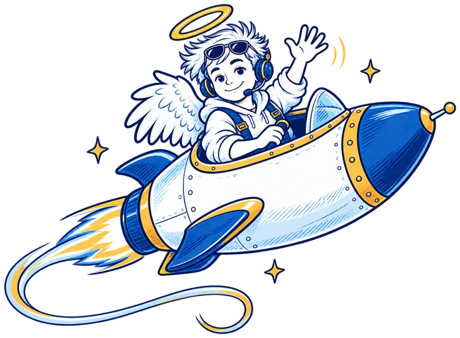 Illustration: Der Aufsperrengel mit Headset winkt aus einer Rakete