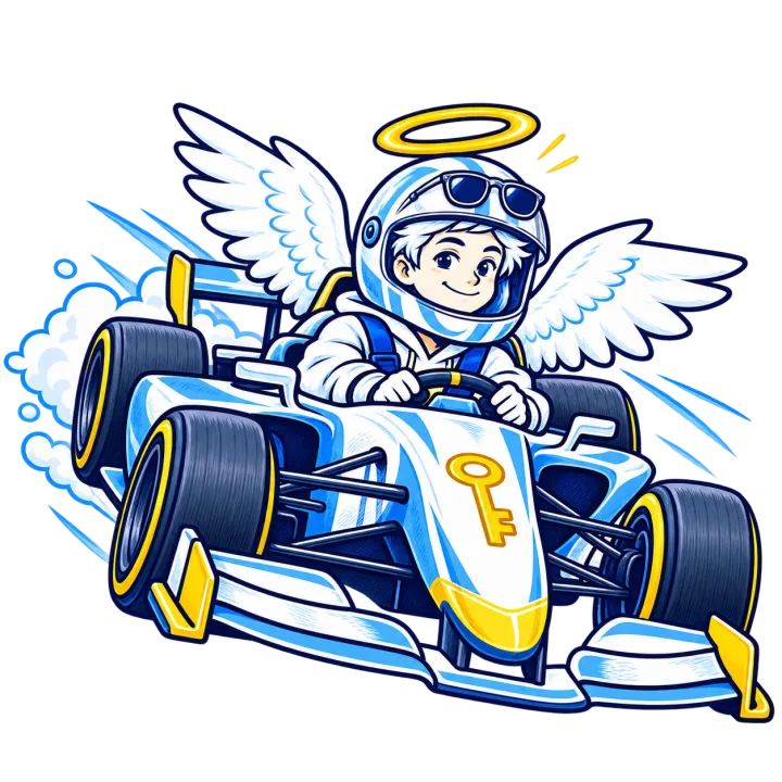 Ein Aufsperrengel sitzt mit Helm in einem blau-weißen Formel-1-Rennwagen mit Schlüssel-Logo