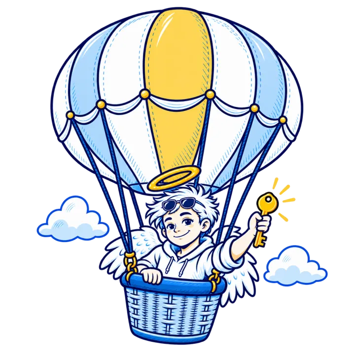 Ein Aufsperrengel fliegt im Korb eines blau-gelben Heißluftballons und hält einen Schlüssel hoch
