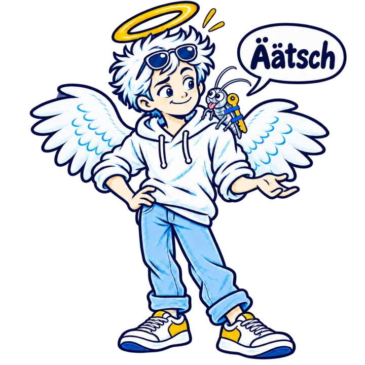 Ein Aufsperrengel zuckt mit den Schultern, auf seiner Schulter sitzt ein kleines Krabbeltier mit seinem Schlüssel, streckt die Zunge heraus und ruft „Äätsch“