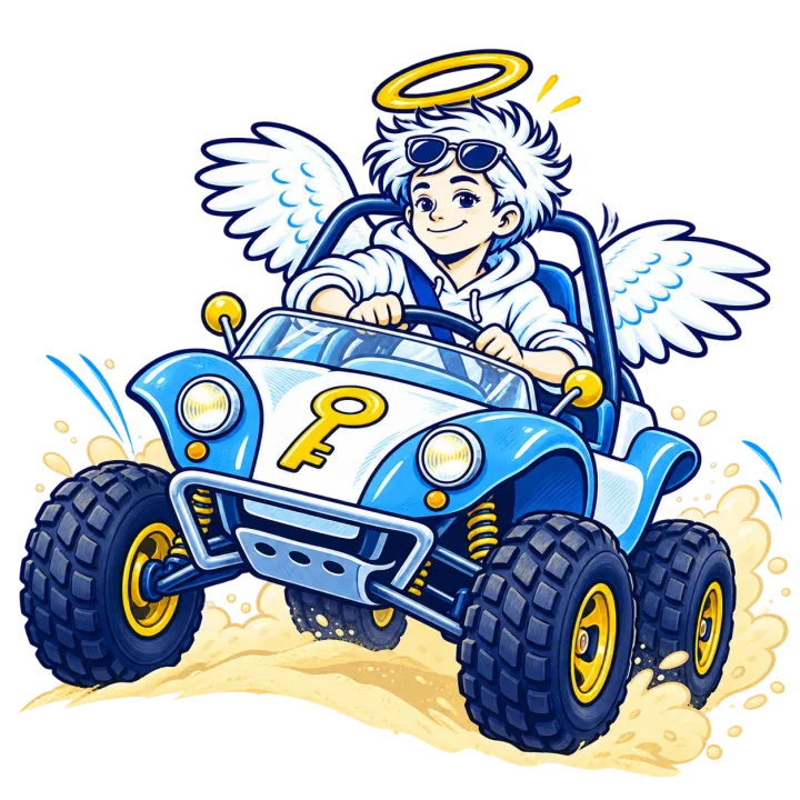 Ein Aufsperrengel fährt einen blauen Strandbuggy mit Schlüssel-Logo durch den Sand