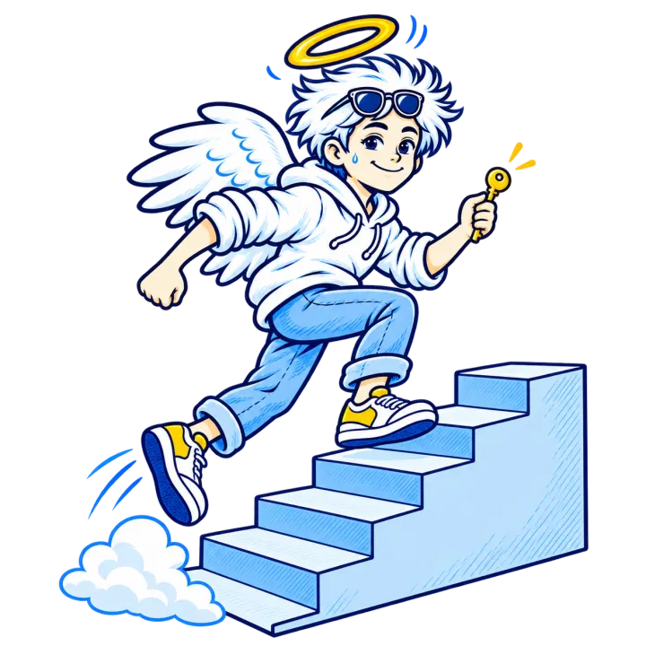 Ein Aufsperrengel rennt mit einem Schlüssel in der Hand eine Treppe hinauf