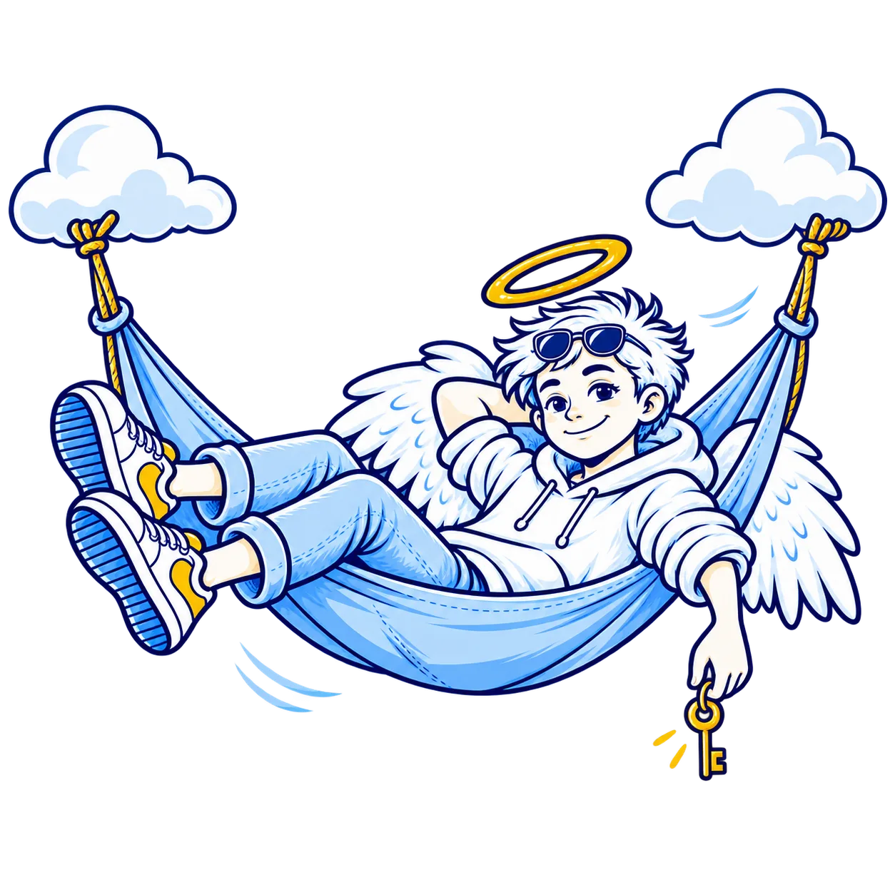 Illustration: Ein Aufsperrengel entspannt in einer Hängematte zwischen zwei Wolken