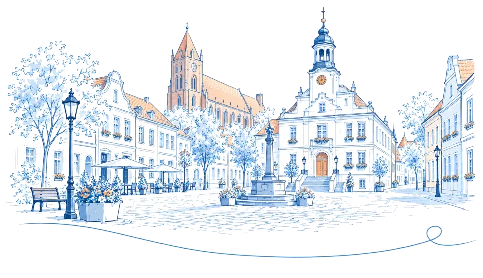Illustration: Marktplatz mit Rathaus, Backsteinkirche und Brunnen in Angermünde