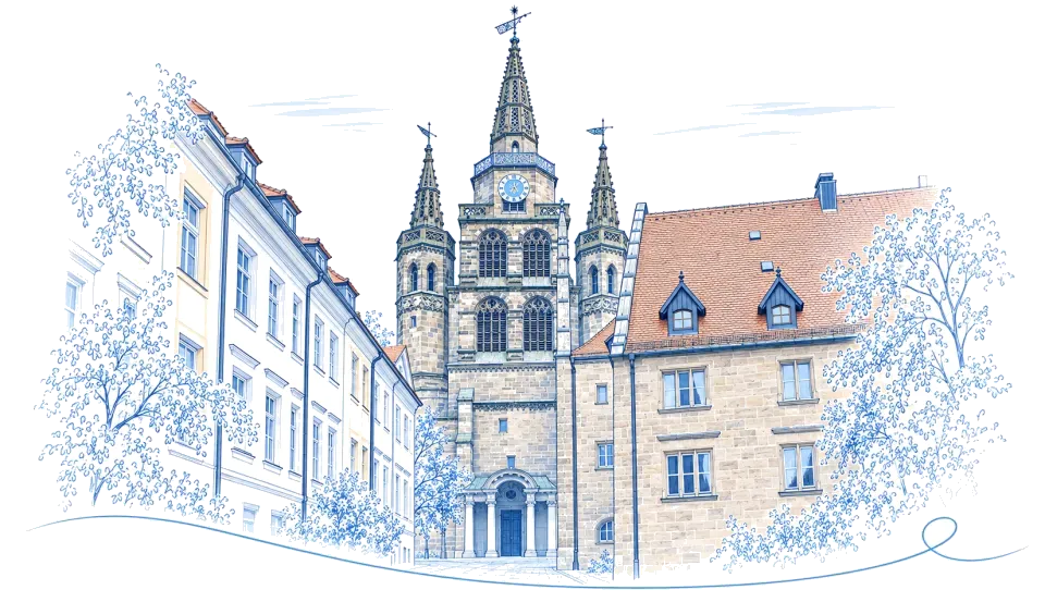 Illustration: St. Gumbertus mit Drei-Turm-Fassade in Ansbach