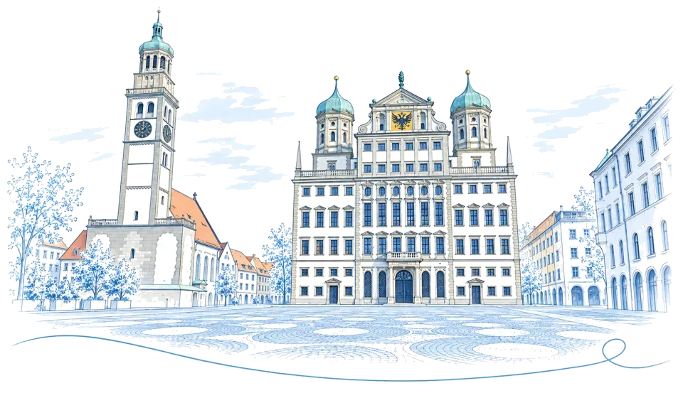 Illustration: Rathaus und Perlachturm in Augsburg