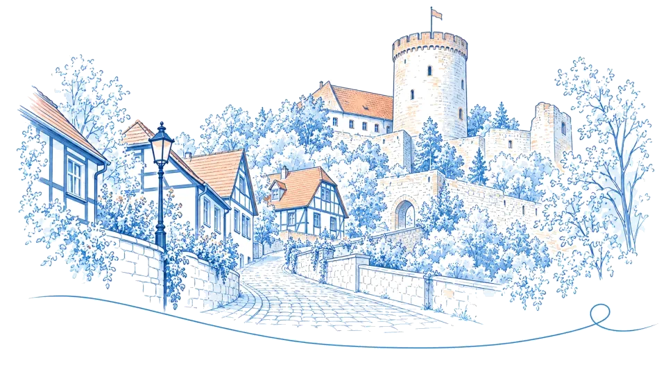 Illustration: Burg mit rundem Bergfried über Fachwerkhäusern in Bad Belzig