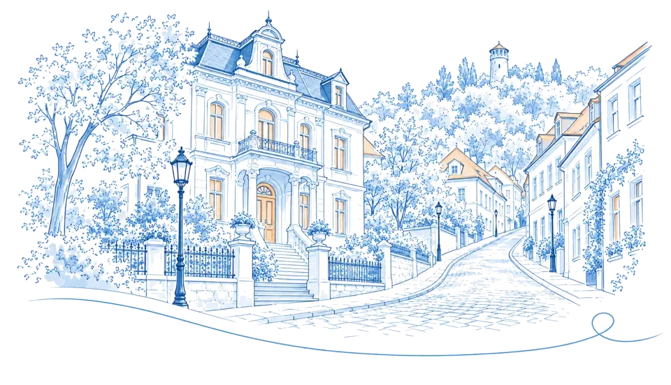 Illustration: Historische Villa an gepflasterter Straße, Aussichtsturm auf dem Hügel bei Bad Freienwalde