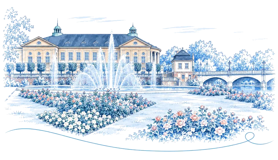 Illustration: Regentenbau mit Rosengarten in Bad Kissingen