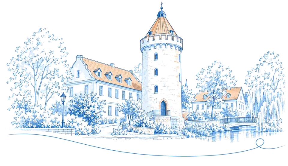 Illustration: Runder Turm mit Kegeldach am Wasser in Bad Liebenwerda