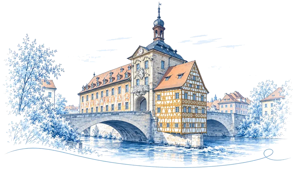 Illustration: Altes Rathaus auf der Regnitz in Bamberg