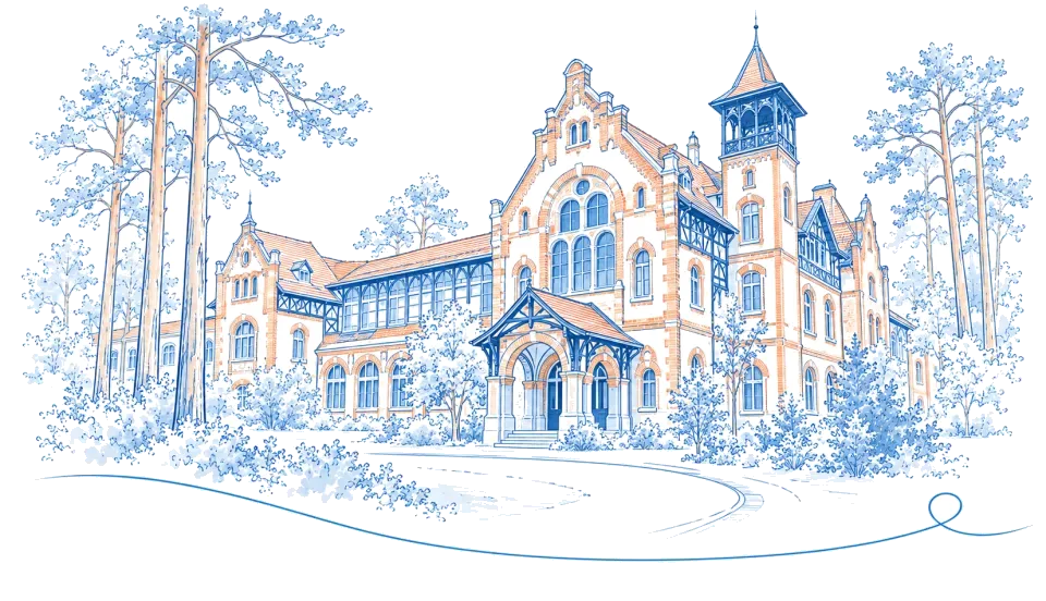 Illustration: Historische Backstein-Heilstätten im Kiefernwald bei Beelitz