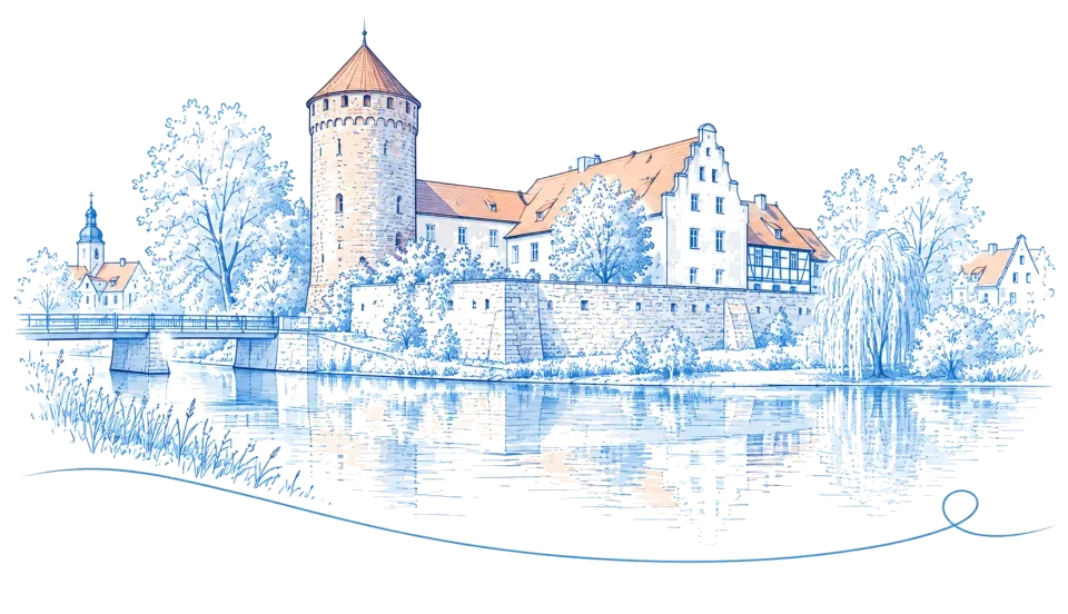 Illustration: Burganlage mit rundem Backsteinturm am Wasser in Beeskow