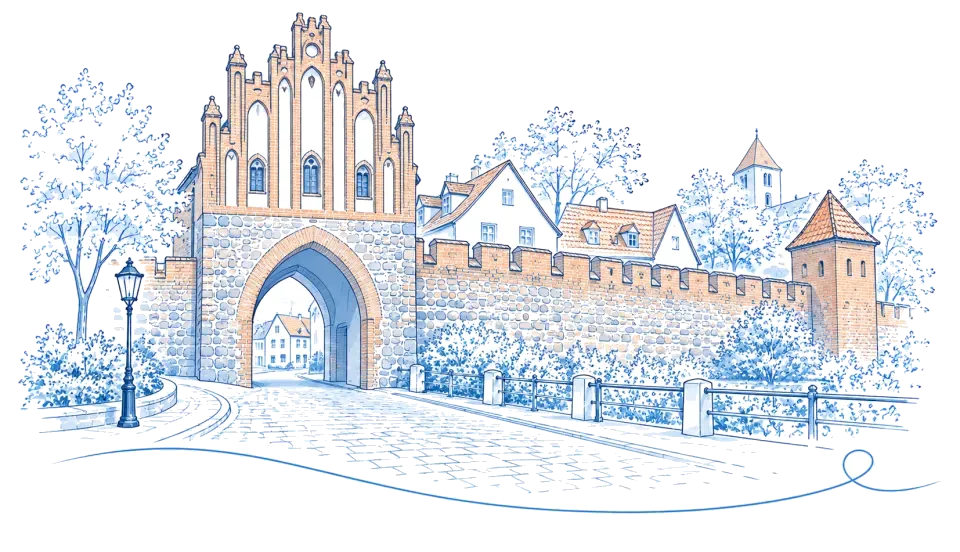 Illustration: Mittelalterliches Stadttor und Stadtmauer mit Wehrturm in Bernau bei Berlin