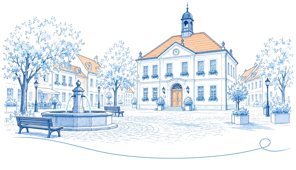 Illustration: Marktplatz mit Rathaus und Brunnen in Biesenthal