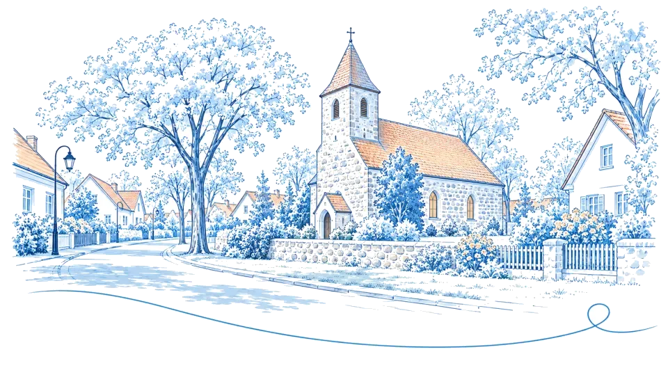 Illustration: Feldsteinkirche an einer Dorfstraße in Blankenfelde-Mahlow