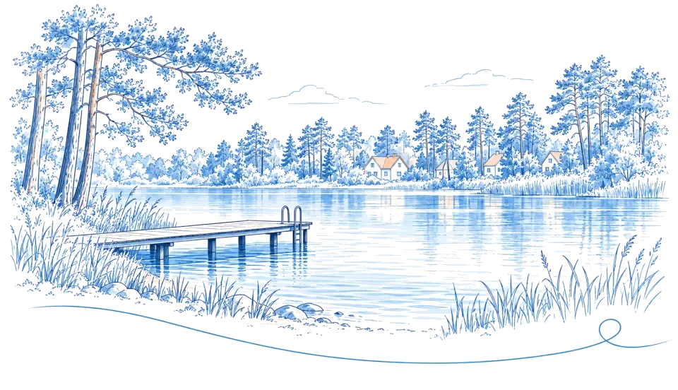 Illustration: Badesteg an einem See mit Kiefern bei Brieselang