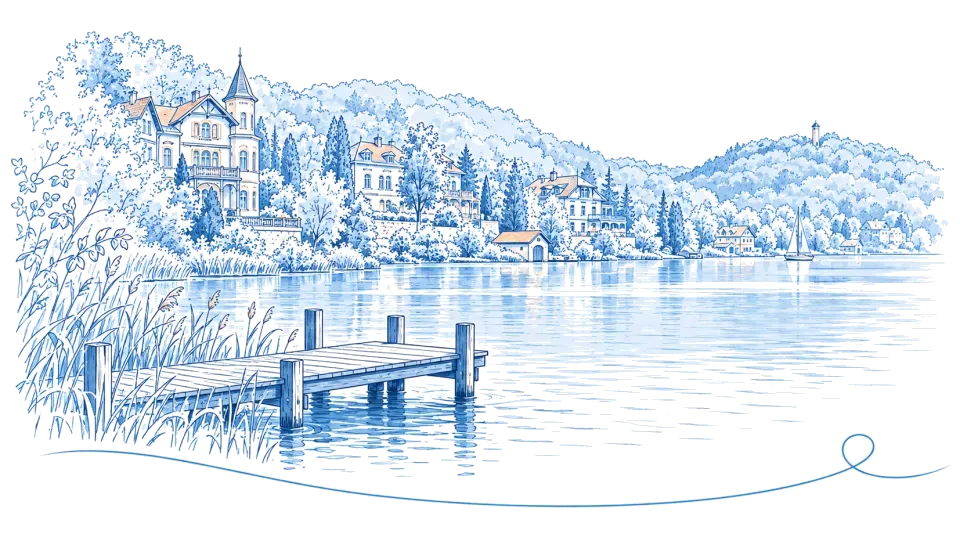 Illustration: Bootssteg am See vor Villen an bewaldeten Hängen in Buckow