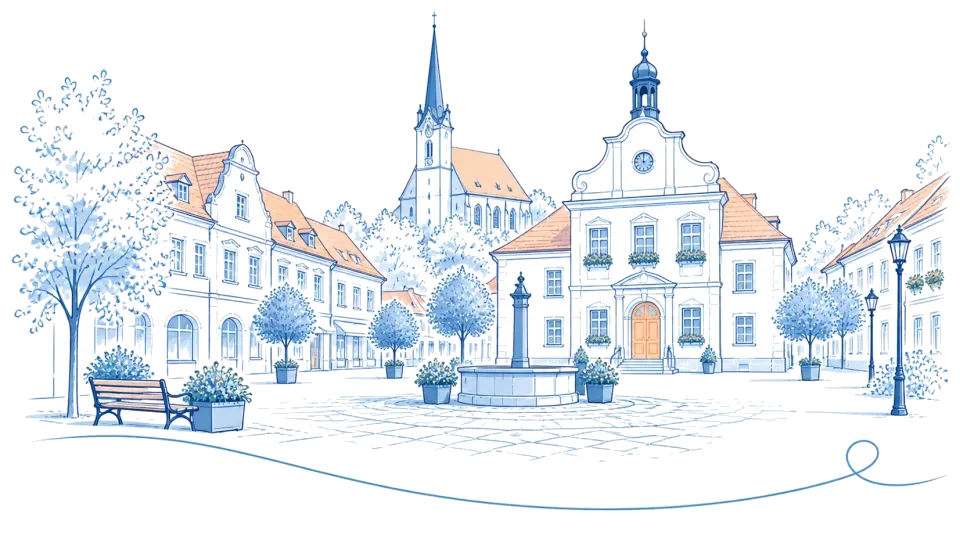 Illustration: Marktplatz mit Rathaus, Kirchturm und Brunnen in Calau