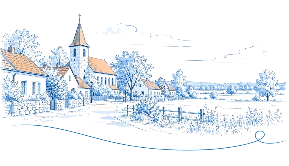 Illustration: Dorfkirche mit spitzem Turm an einer Dorfstraße in Dallgow-Döberitz