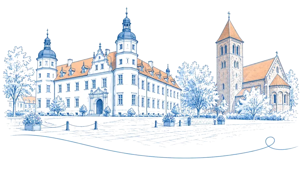 Illustration: Renaissanceschloss mit Ecktürmen und Backsteinkirche in Doberlug-Kirchhain