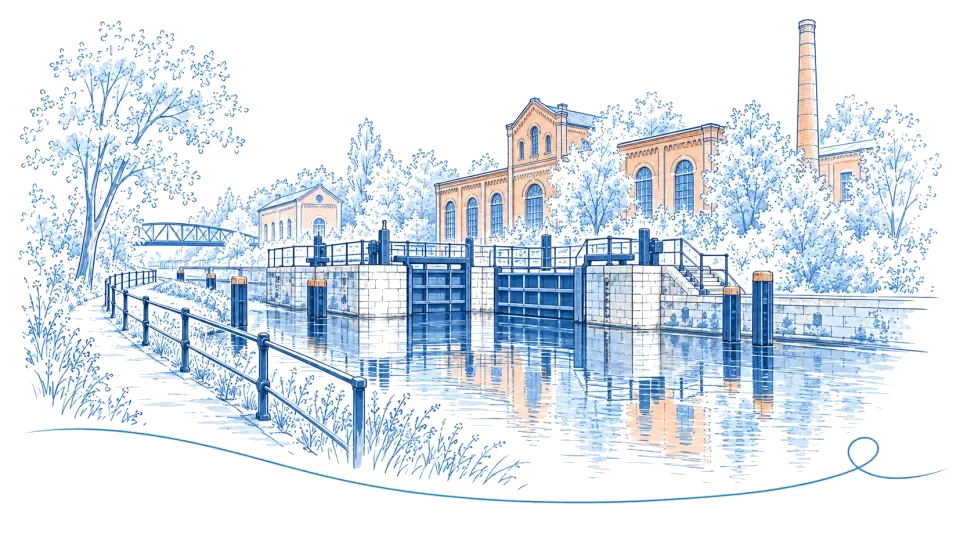 Illustration: Schleuse am Kanal mit alten Industriebauten aus Backstein in Eberswalde