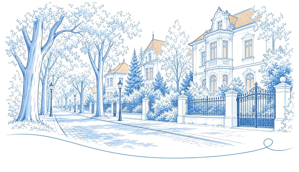 Illustration: Baumgesäumte Straße mit Gründerzeitvillen und schmiedeeisernem Tor in Eichwalde