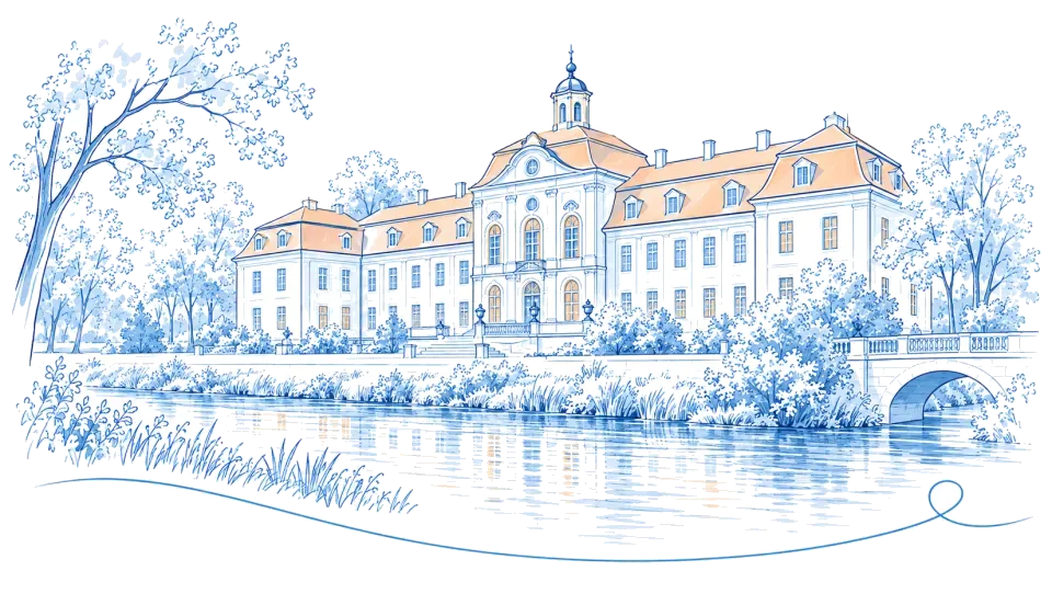 Illustration: Barockschloss mit Uhrenturm am Wasser in Elsterwerda