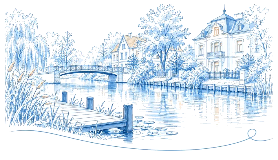 Illustration: Villen, Fußgängerbrücke und Bootssteg am Wasser in Erkner