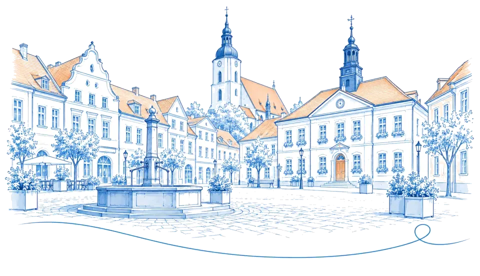 Illustration: Marktplatz mit Brunnen, Giebelhäusern und Kirchturm in Finsterwalde