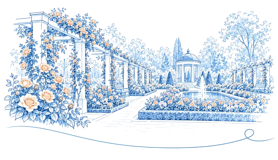 Illustration: Rosengarten mit Pergolen, Springbrunnen und Pavillon in Forst (Lausitz)