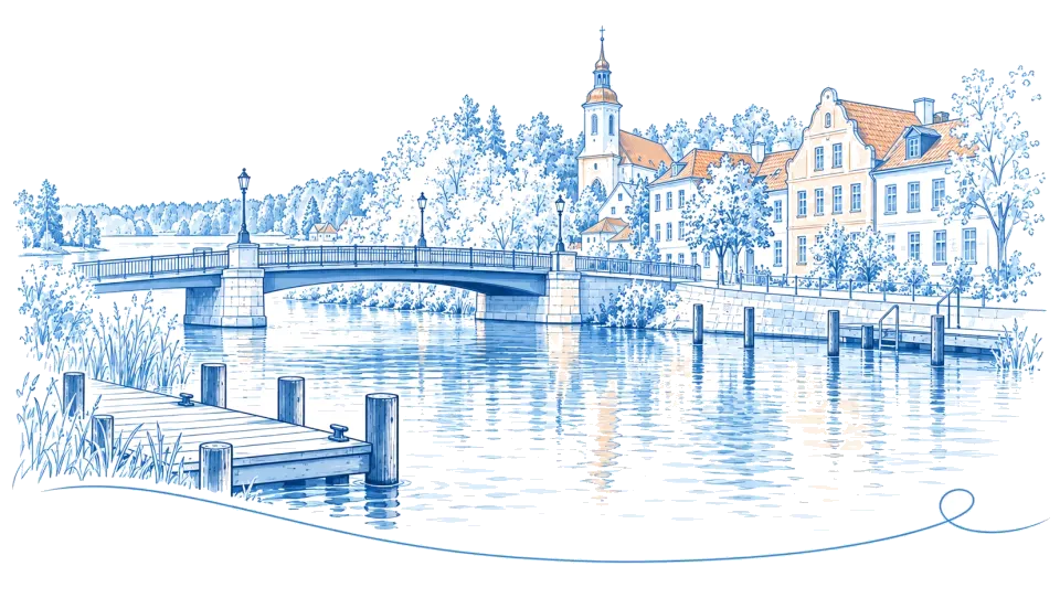 Illustration: Bogenbrücke über den Fluss mit Kirchturm und Altstadt in Fürstenberg/Havel