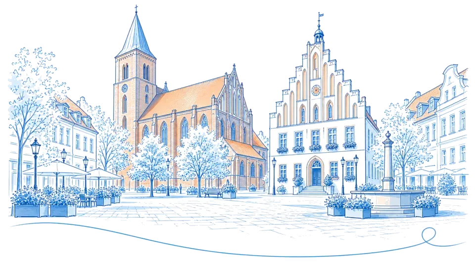Illustration: Backsteinkirche und Rathaus mit Treppengiebel am Markt in Fürstenwalde/Spree