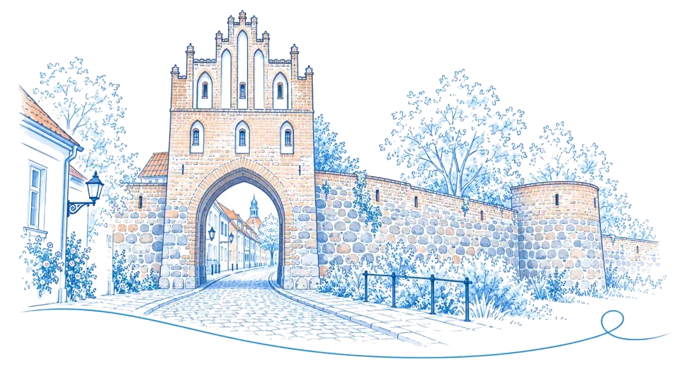 Illustration: Mittelalterliches Backstein-Stadttor mit Feldsteinmauer in Gransee