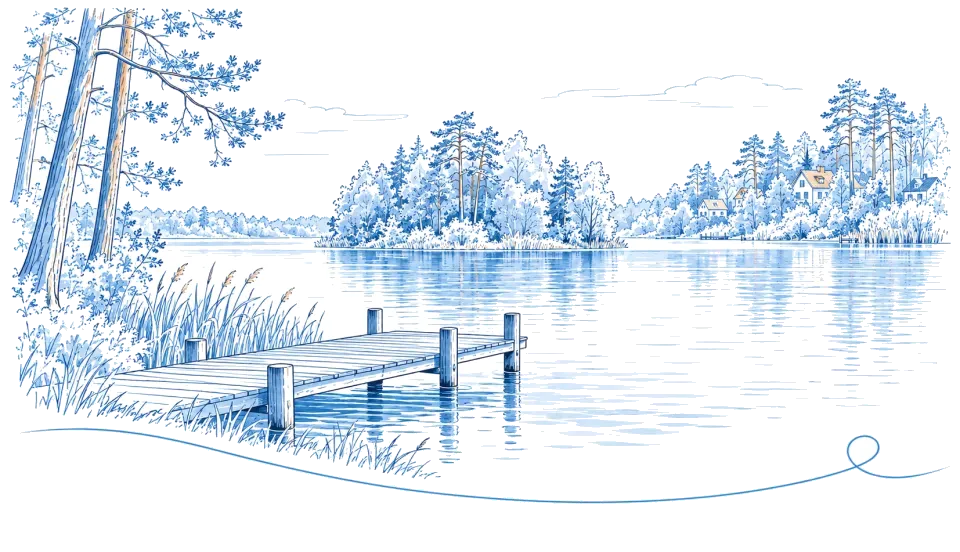 Illustration: Holzsteg an einem waldgesäumten See in Grünheide (Mark)