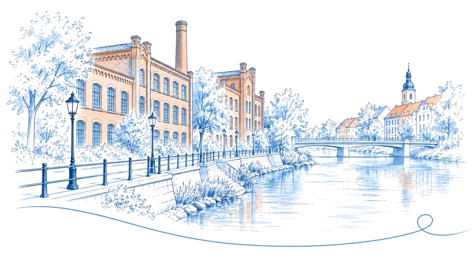 Illustration: Backstein-Fabrikgebäude und Brücke am Flussufer in Guben
