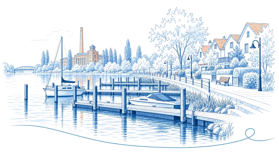Illustration: Bootsstege und Uferpromenade mit Industriekulisse in Hennigsdorf