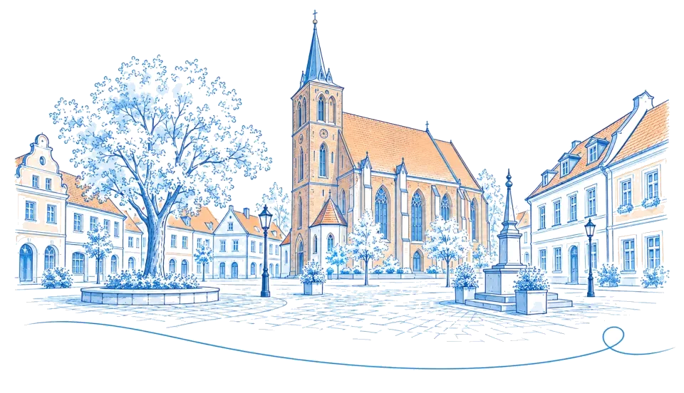 Illustration: Gotische Stadtkirche und Marktplatz mit Denkmalsäule in Herzberg (Elster)