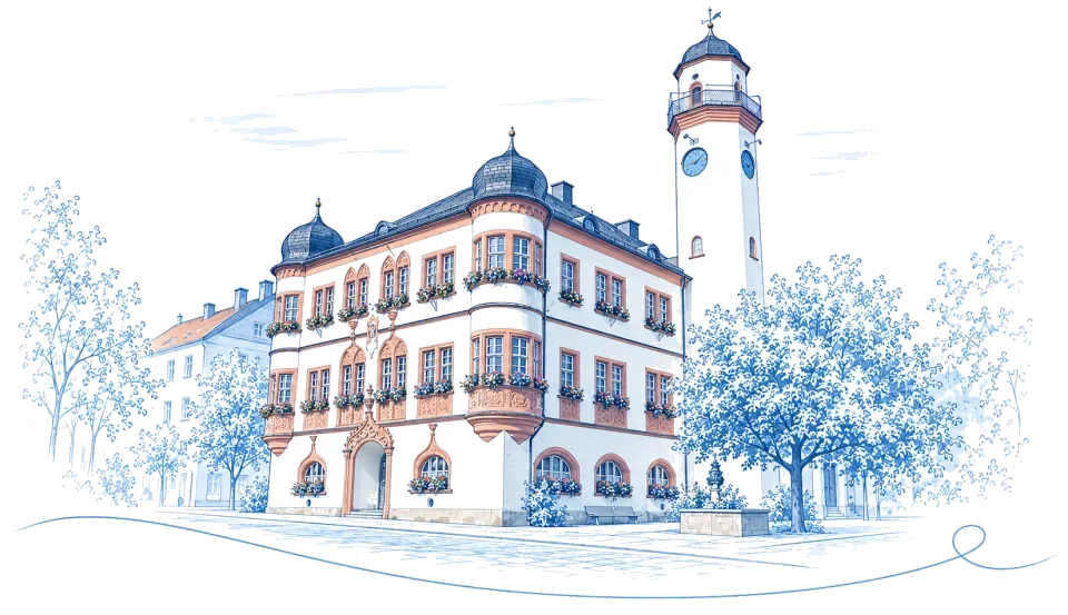 Illustration: Rathaus mit dem achteckigen Turm in Hof