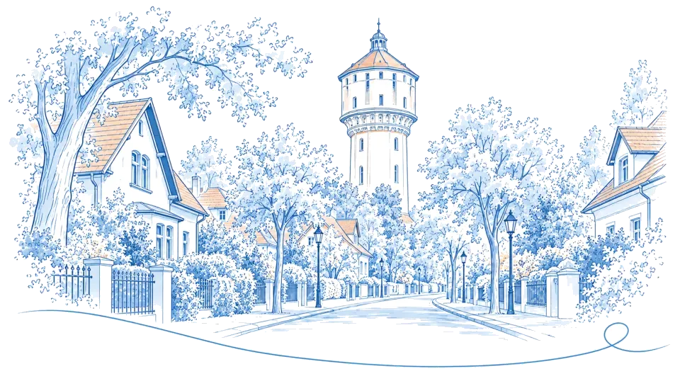 Illustration: Historischer Wasserturm über einer Villenstraße mit Bäumen in Hohen Neuendorf