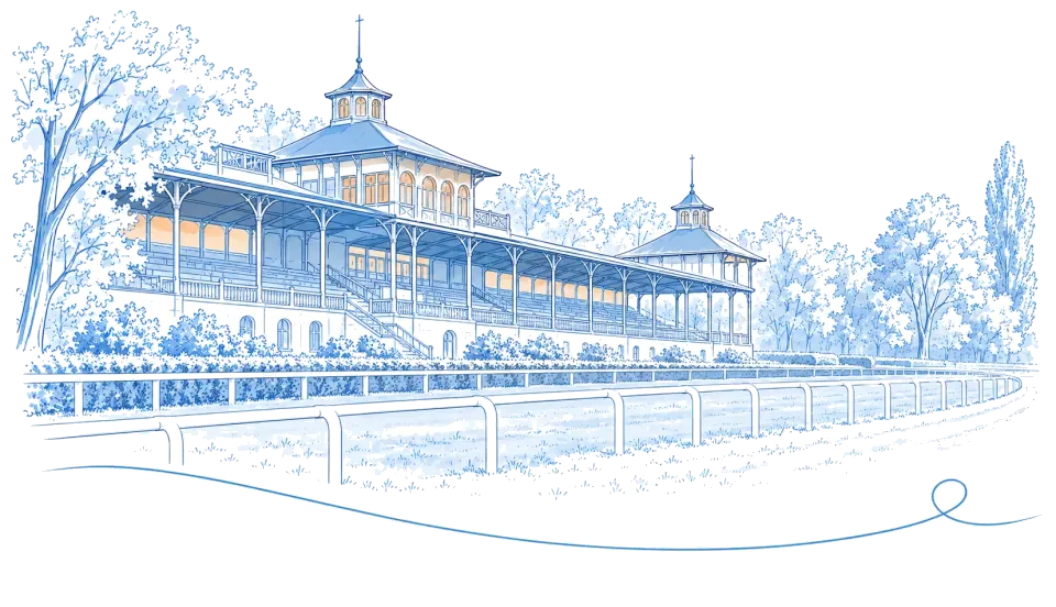 Illustration: Historische Tribüne der Galopprennbahn in Hoppegarten