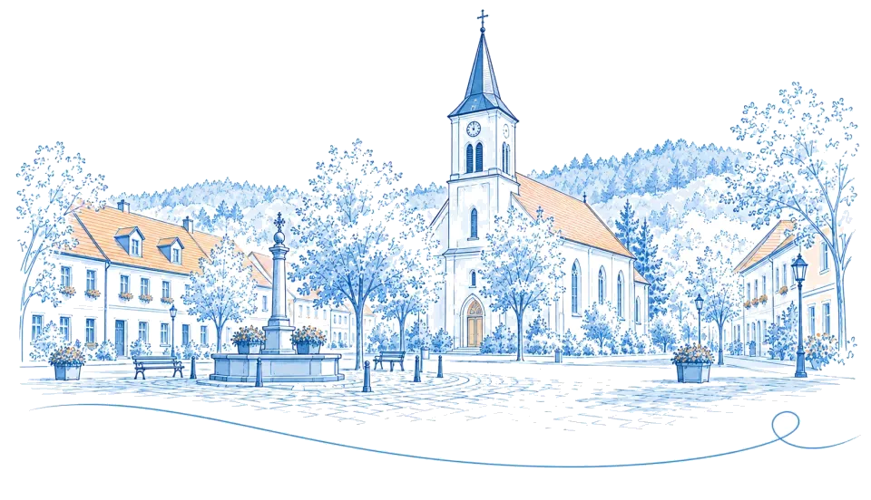 Illustration: Stadtkirche mit Brunnenplatz vor bewaldeten Hügeln in Joachimsthal