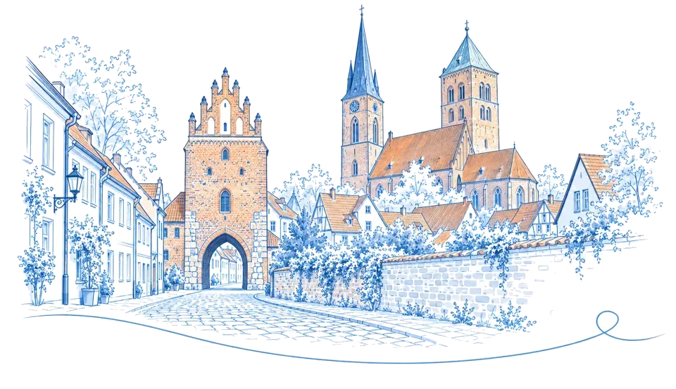 Illustration: Backsteingotisches Stadttor und Kirchtürme der Altstadt in Jüterbog