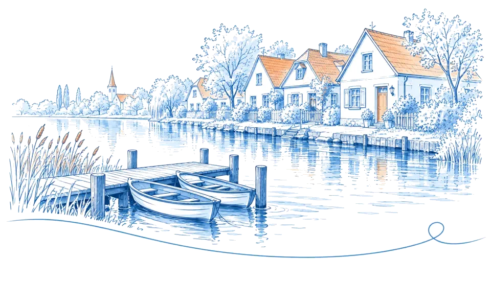 Illustration: Havelufer mit Bootssteg und Häuserzeile in Ketzin