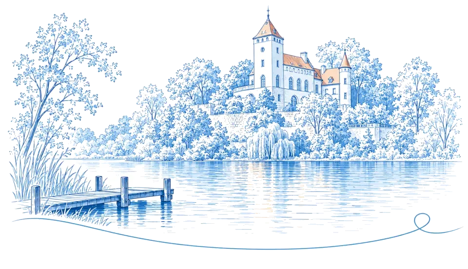 Illustration: Burgartiges Anwesen über einem See mit Bootssteg in Kleinmachnow