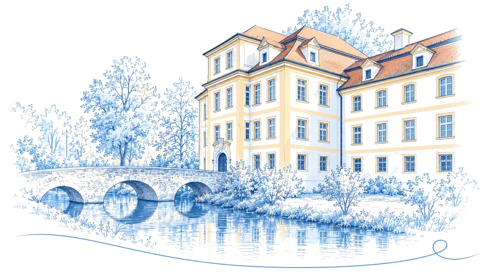 Illustration: Wasserschloss Köfering mit Wassergraben und Steinbrücke