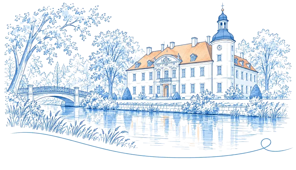 Illustration: Schloss mit Turm an Wasserlauf und Brücke in Königs Wusterhausen