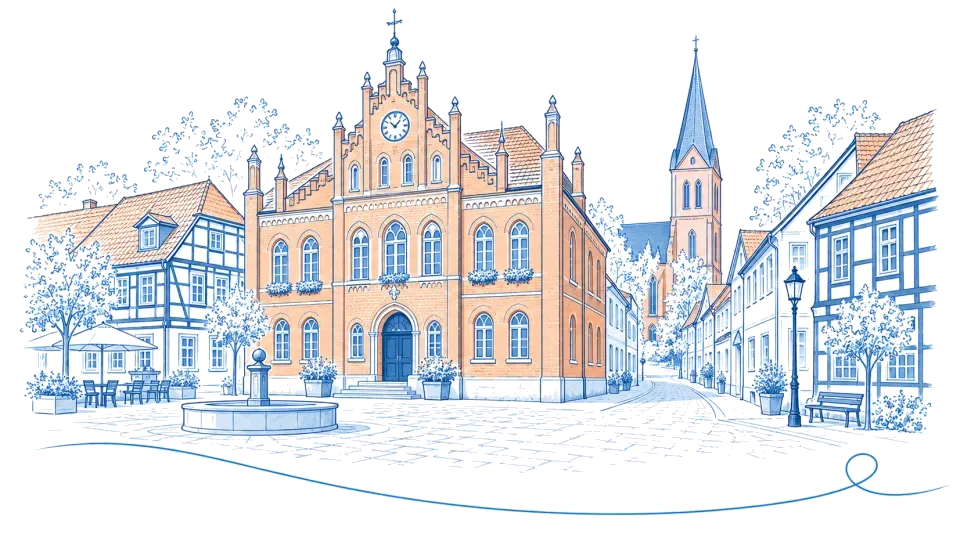 Illustration: Backstein-Rathaus am Marktplatz mit Kirchturm in Kyritz