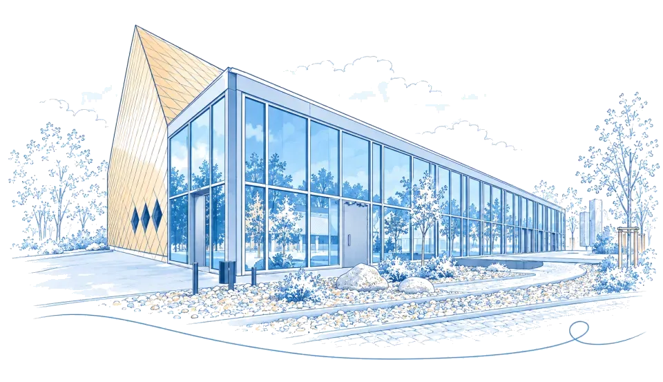 Illustration: Das Aurelium mit gefalteter Dach- und Glasfassade in Lappersdorf