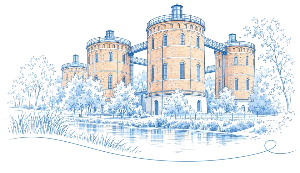 Illustration: Backsteintürme mit Verbindungsstegen in Lauchhammer